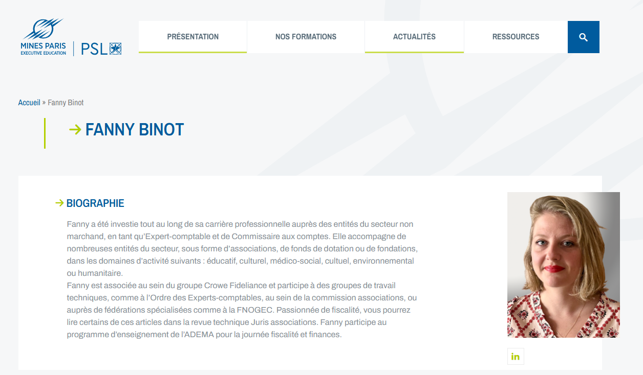 Profile page for Fanny Binot with biography text on the left and a portrait on the right